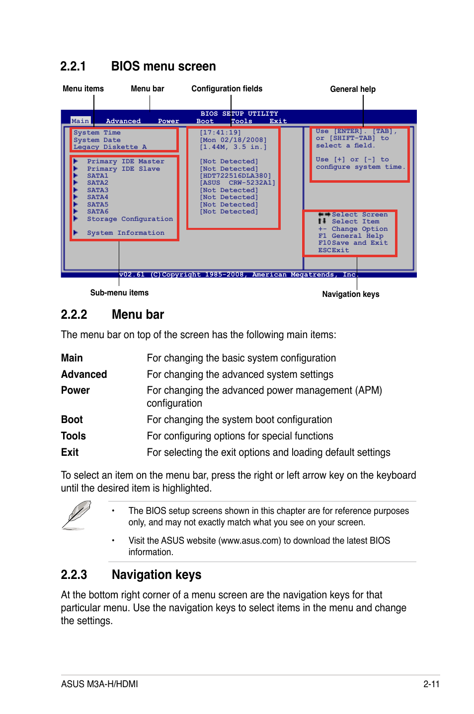 1 bios menu screen, 2 menu bar, 3 navigation keys | Bios menu screen -11, Menu bar -11, Navigation keys -11 | Asus M3A-H/HDMI User Manual | Page 59 / 106