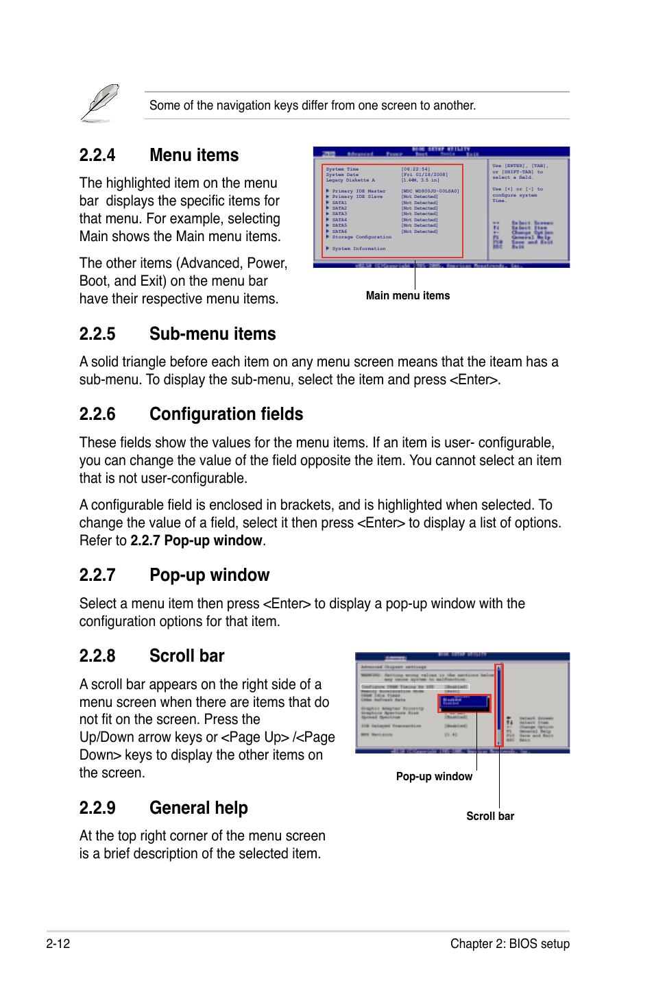 4 menu items, 5 sub-menu items, 6 configuration fields | 7 pop-up window, 8 scroll bar, 9 general help, Menu items -12, Sub-menu items -12, Configuration fields -12, Pop-up window -12 | Asus M3A-H/HDMI User Manual | Page 60 / 106