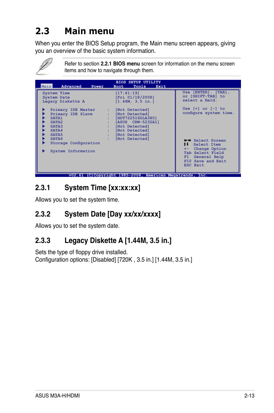 3 main menu, 1 system time [xx:xx:xx, 2 system date [day xx/xx/xxxx | 3 legacy diskette a [1.44m, 3.5 in, Main menu -13 2.3.1, System time -13, System date -13, Legacy diskette a -13, Allows you to set the system time, Allows you to set the system date | Asus M3A-H/HDMI User Manual | Page 61 / 106