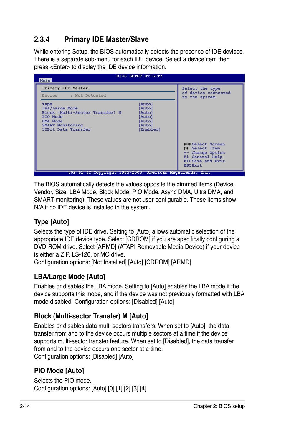 4 primary ide master/slave, Primary ide master/slave -14, Type [auto | Lba/large mode [auto, Block (multi-sector transfer) m [auto, Pio mode [auto | Asus M3A-H/HDMI User Manual | Page 62 / 106