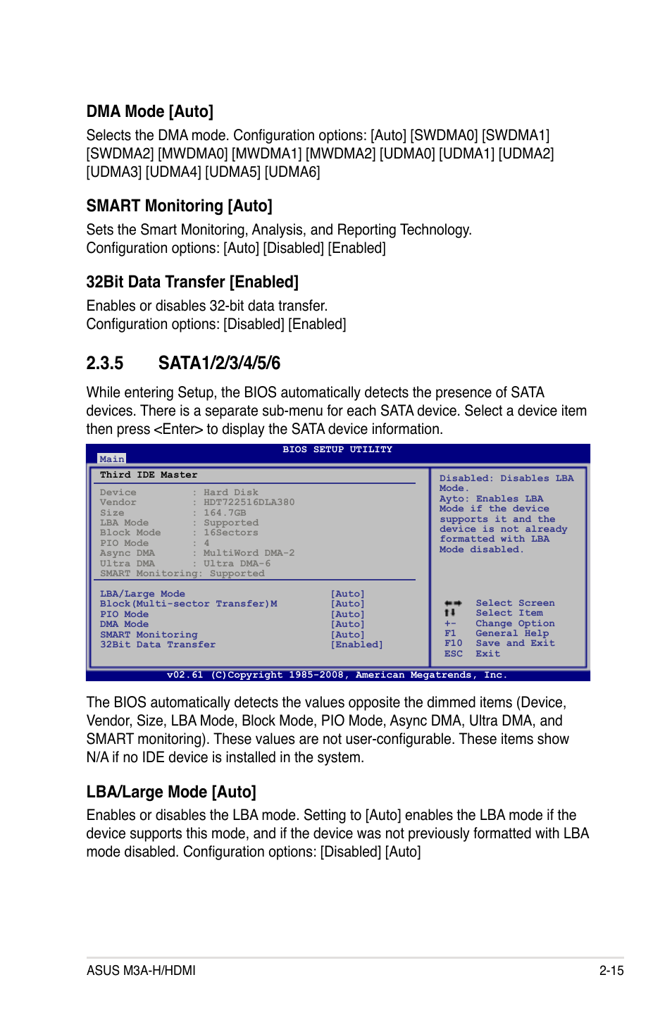 5 sata1/2/3/4/5/6, Sata1/2/3/4/5/6 -15, Dma mode [auto | Smart monitoring [auto, 32bit data transfer [enabled, Lba/large mode [auto | Asus M3A-H/HDMI User Manual | Page 63 / 106