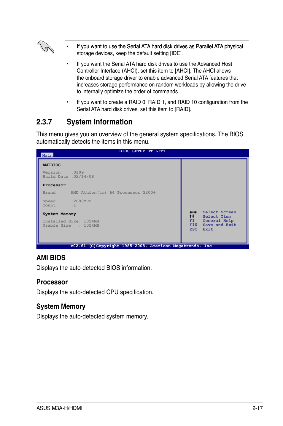 7 system information, System information -17, Ami bios | Processor | Asus M3A-H/HDMI User Manual | Page 65 / 106