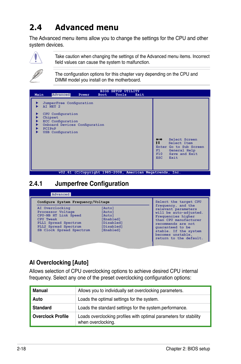 4 advanced menu, 1 jumperfree configuration, Advanced menu -18 2.4.1 | Jumperfree configuration -18, Ai overclocking [auto | Asus M3A-H/HDMI User Manual | Page 66 / 106