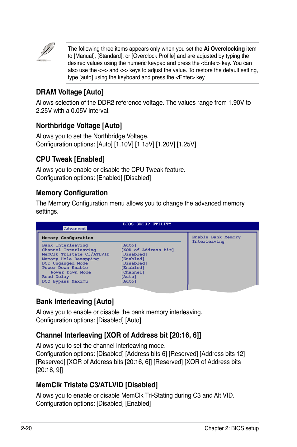 Dram voltage [auto, Northbridge voltage [auto, Cpu tweak [enabled | Bank interleaving [auto, Memclk tristate c3/atlvid [disabled | Asus M3A-H/HDMI User Manual | Page 68 / 106