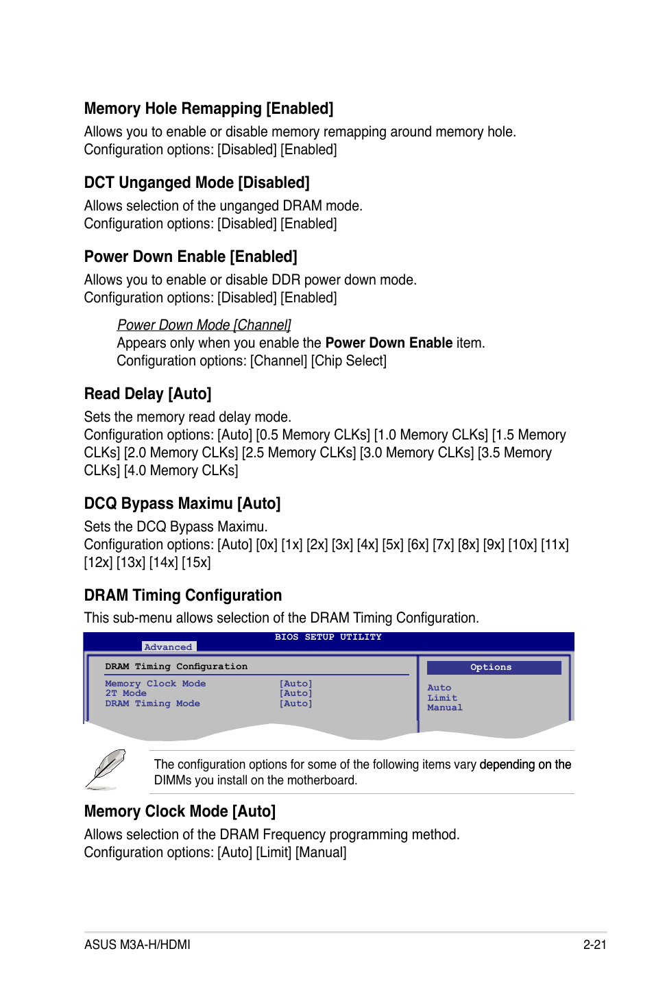 Dct unganged mode [disabled, Power down enable [enabled, Read delay [auto | Dcq bypass maximu [auto, Dram timing configuration | Asus M3A-H/HDMI User Manual | Page 69 / 106