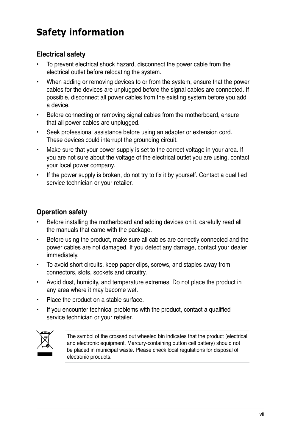 Safety information | Asus M3A-H/HDMI User Manual | Page 7 / 106