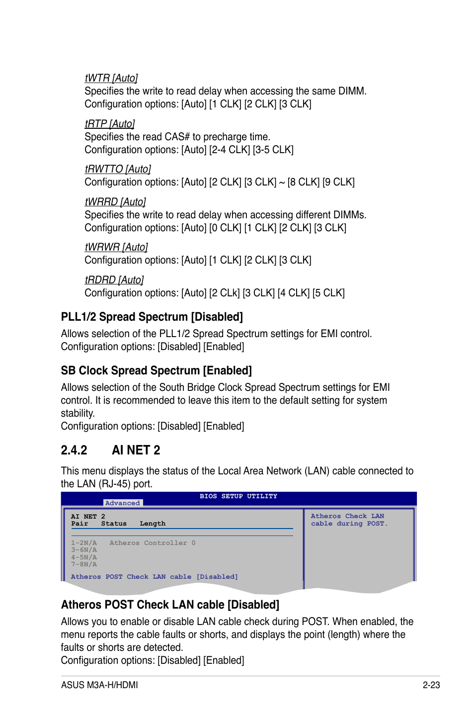 2 ai net 2, Ai net 2 -23, Pll1/2 spread spectrum [disabled | Sb clock spread spectrum [enabled, Atheros post check lan cable [disabled | Asus M3A-H/HDMI User Manual | Page 71 / 106