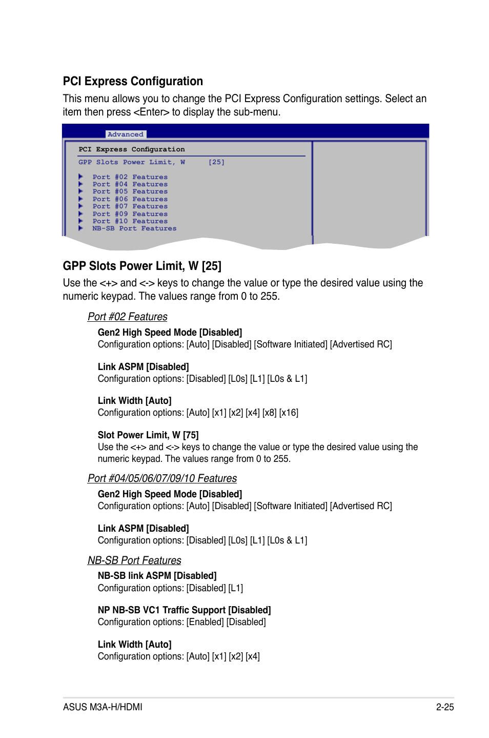 Pci express configuration, Gpp slots power limit, w [25 | Asus M3A-H/HDMI User Manual | Page 73 / 106