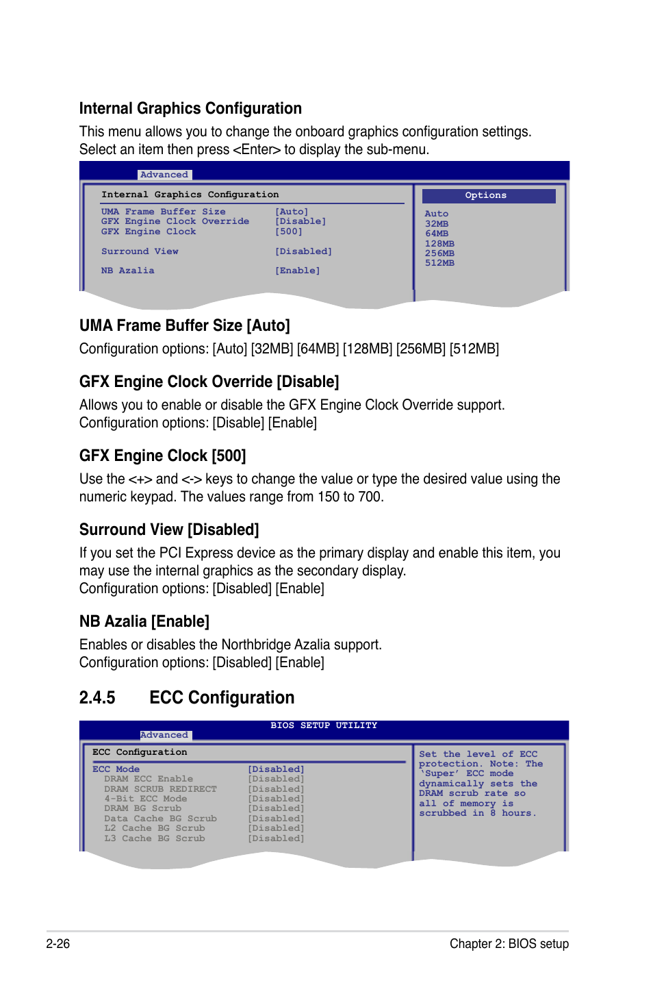 5 ecc configuration, Ecc configuration -26, Internal graphics configuration | Uma frame buffer size [auto, Gfx engine clock override [disable, Gfx engine clock [500, Surround view [disabled, Nb azalia [enable | Asus M3A-H/HDMI User Manual | Page 74 / 106