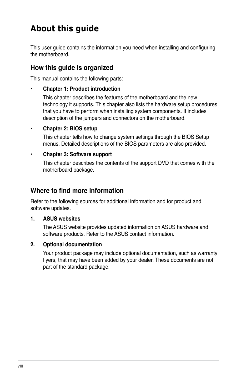 About this guide, How this guide is organized, Where to find more information | Asus M3A-H/HDMI User Manual | Page 8 / 106