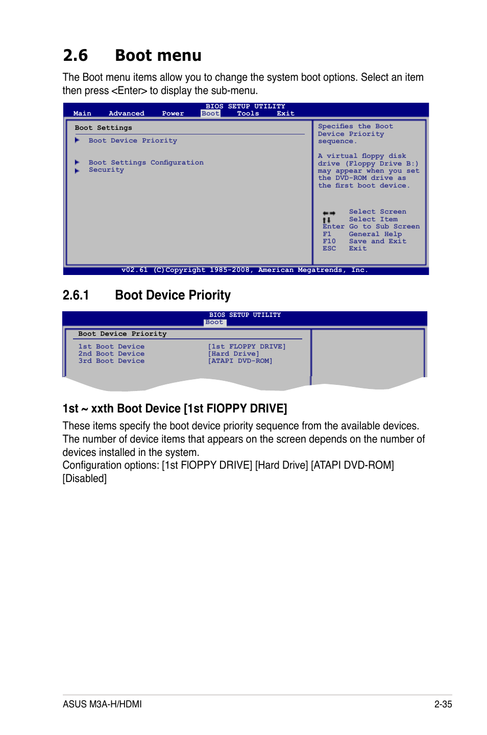 6 boot menu, 1 boot device priority, Boot menu -35 2.6.1 | Boot device priority -35, 1st ~ xxth boot device [1st floppy drive | Asus M3A-H/HDMI User Manual | Page 83 / 106