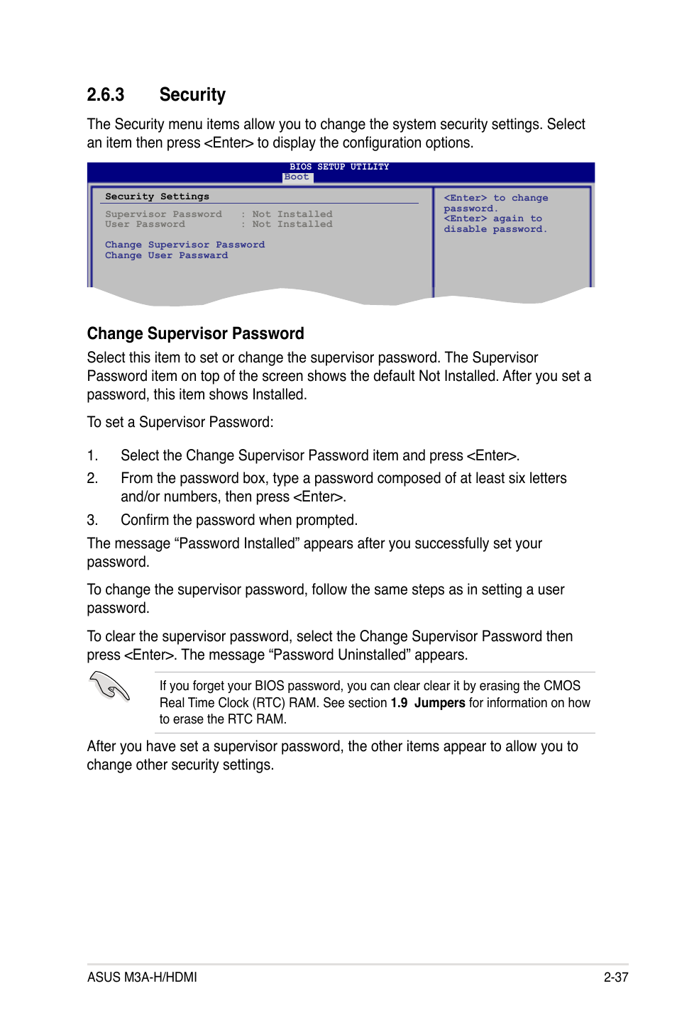 3 security, Security -37, Change supervisor password | Asus M3A-H/HDMI User Manual | Page 85 / 106
