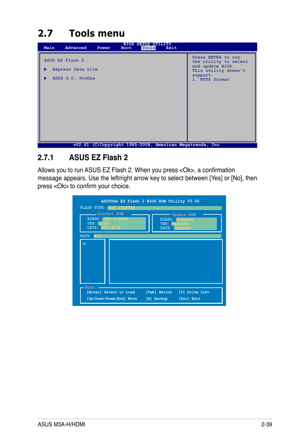 7 tools menu, 1 asus ez flash 2, Tools menu -39 2.7.1 | Asus ez flash 2 -39 | Asus M3A-H/HDMI User Manual | Page 87 / 106
