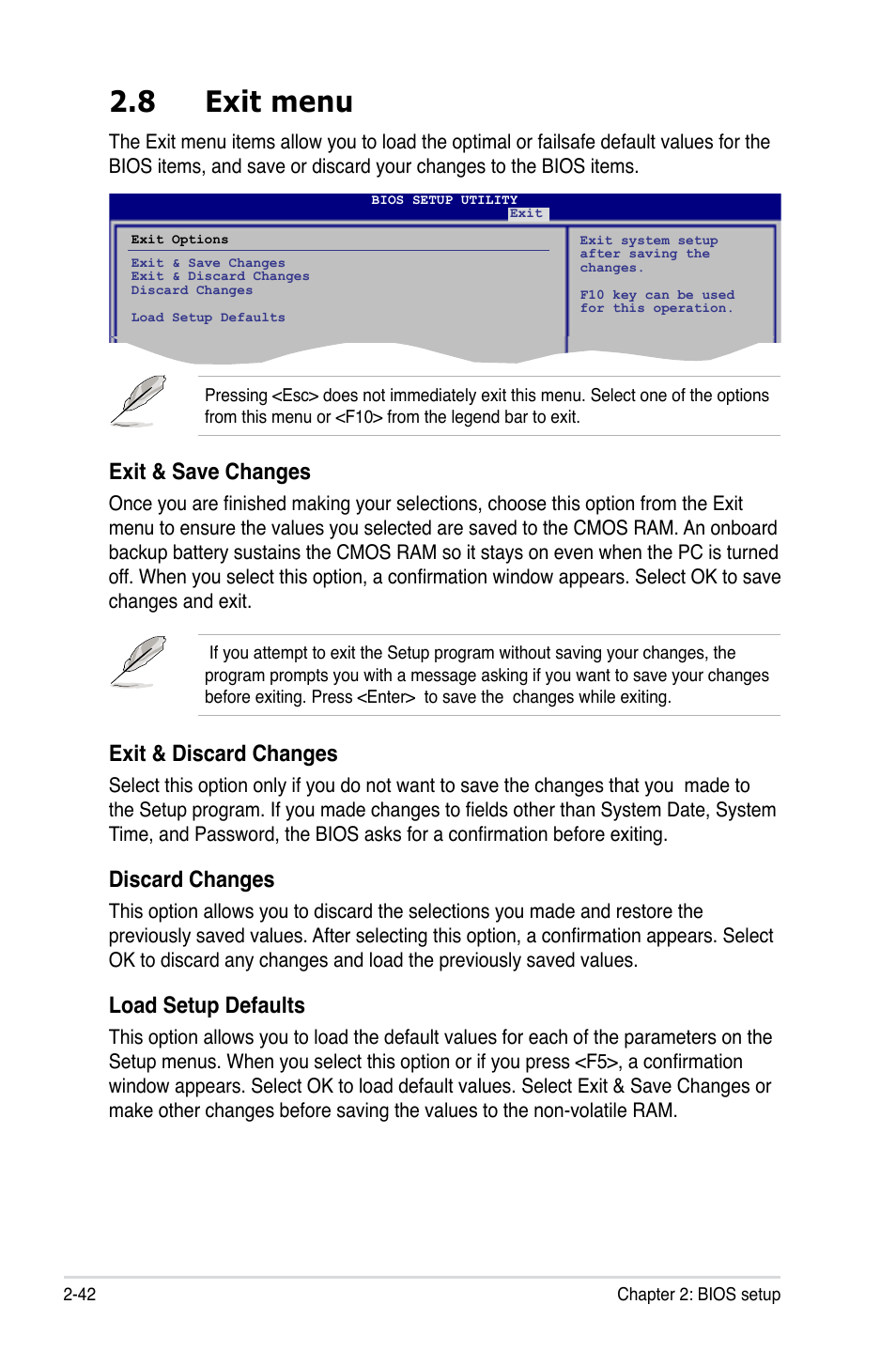 8 exit menu, Exit menu -42, Exit & discard changes | Discard changes, Load setup defaults, Exit & save changes | Asus M3A-H/HDMI User Manual | Page 90 / 106
