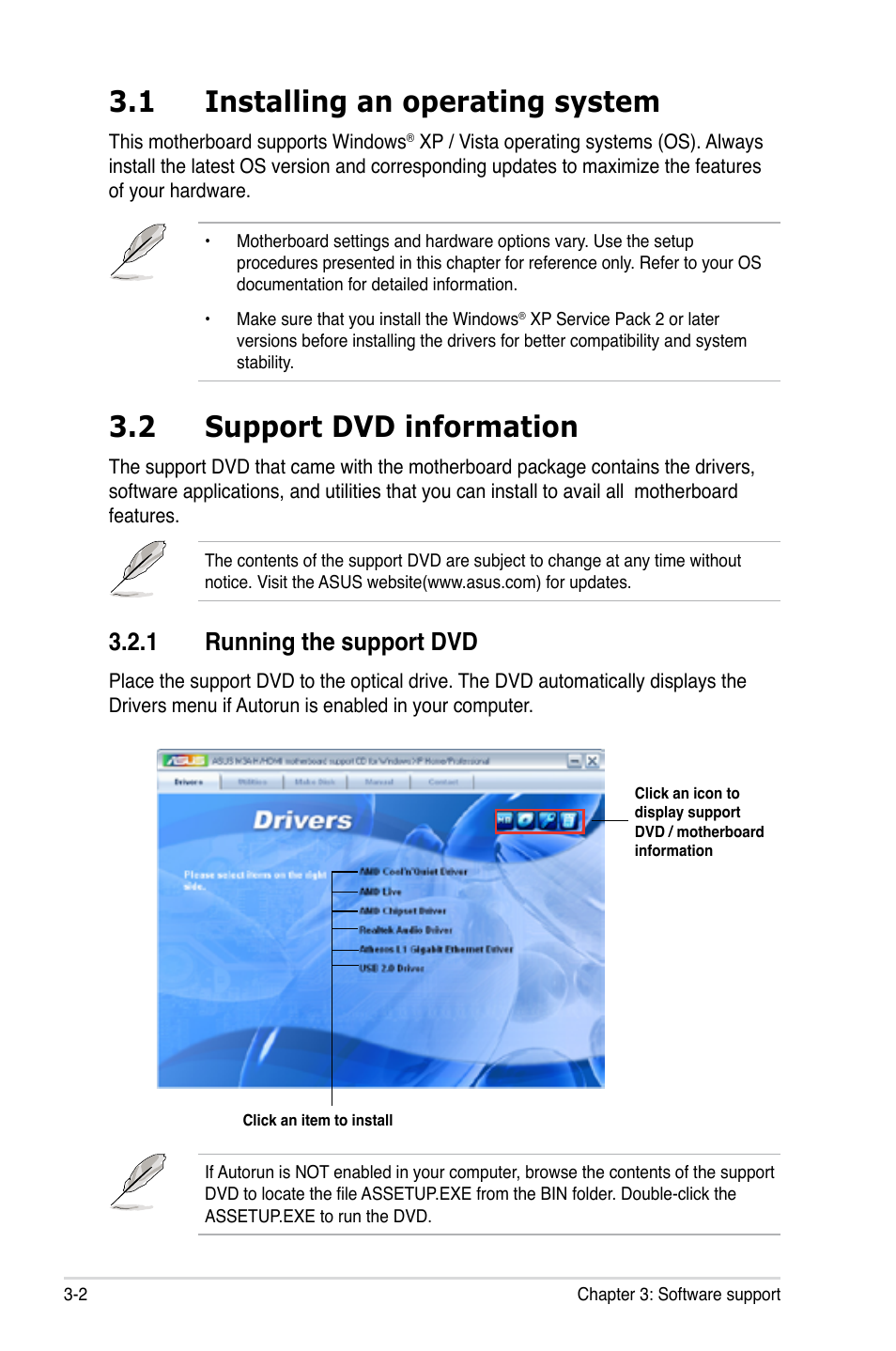 1 installing an operating system, 2 support dvd information, 1 running the support dvd | Installing an operating system -2, Support dvd information -2 3.2.1, Running the support dvd -2 | Asus M3A-H/HDMI User Manual | Page 92 / 106