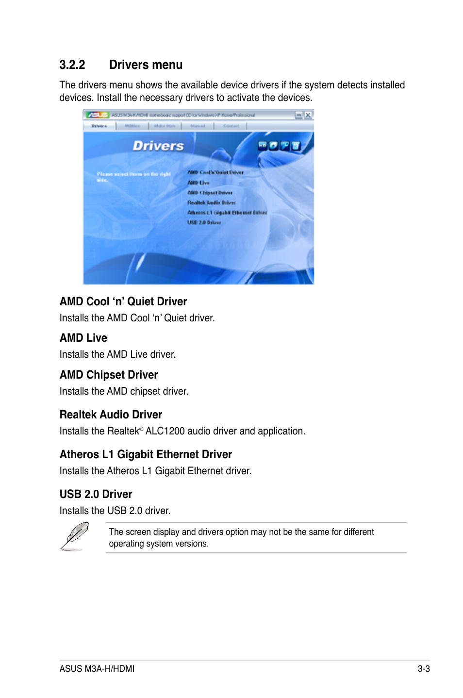 2 drivers menu, Drivers menu -3 | Asus M3A-H/HDMI User Manual | Page 93 / 106
