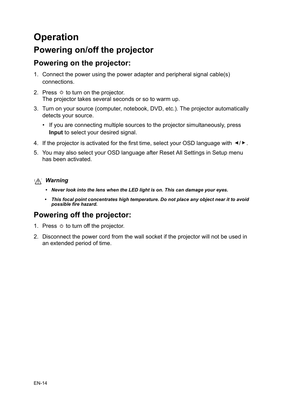 Operation, Powering on/off the projector, Powering on the projector | Powering off the projector | Asus P1 User Manual | Page 14 / 26