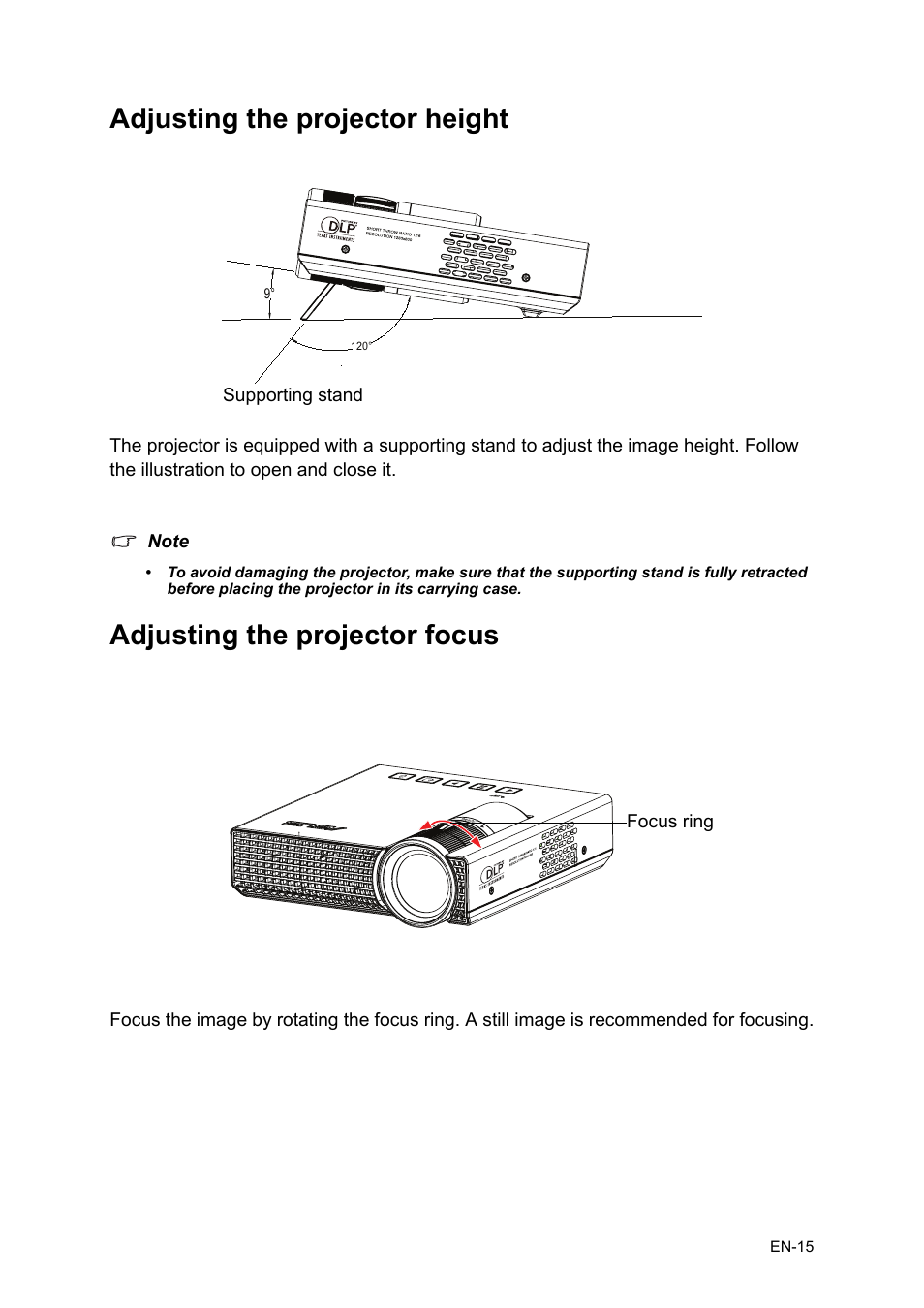 Adjusting the projector height, Adjusting the projector focus | Asus P1 User Manual | Page 15 / 26