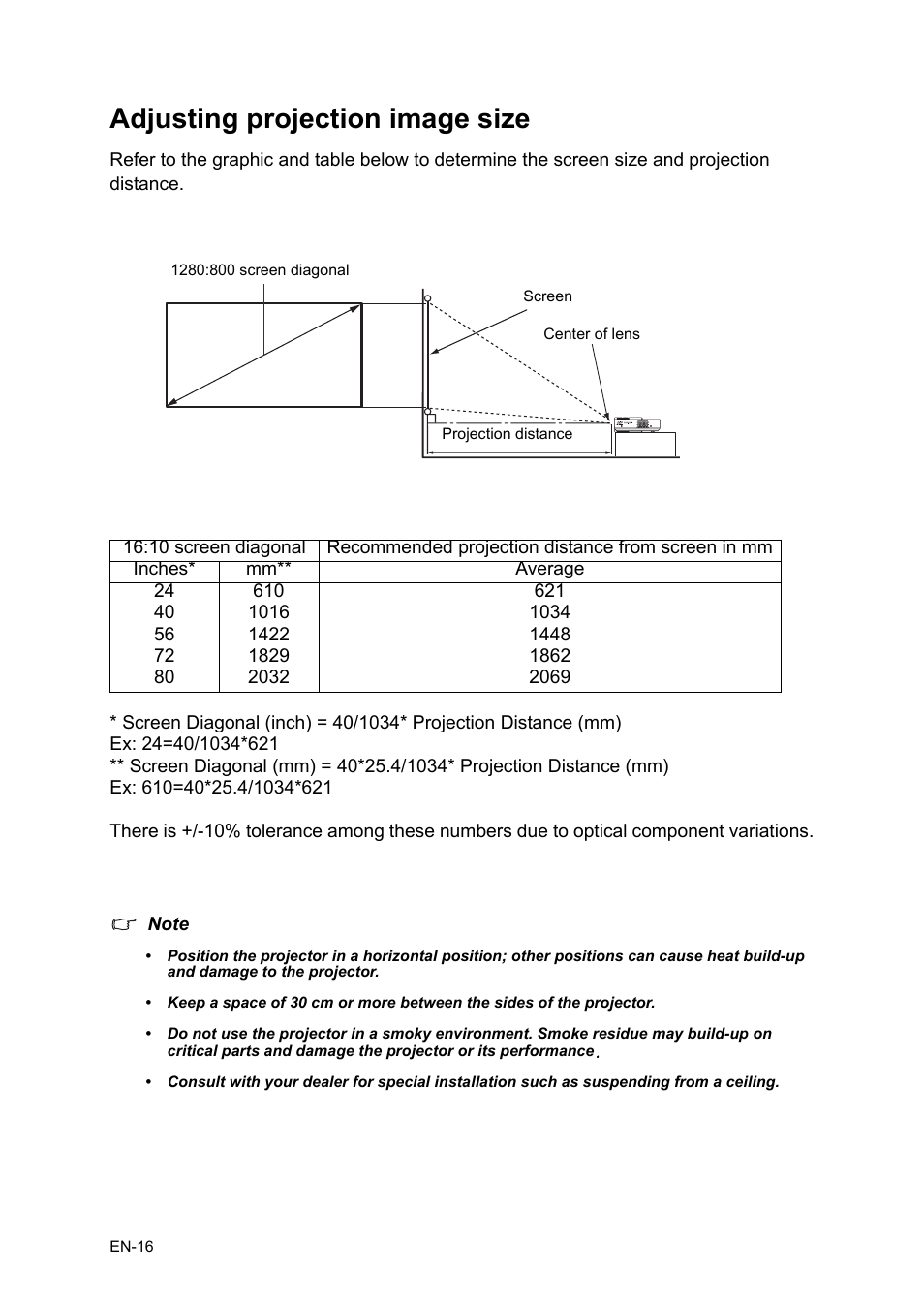 Adjusting projection image size | Asus P1 User Manual | Page 16 / 26