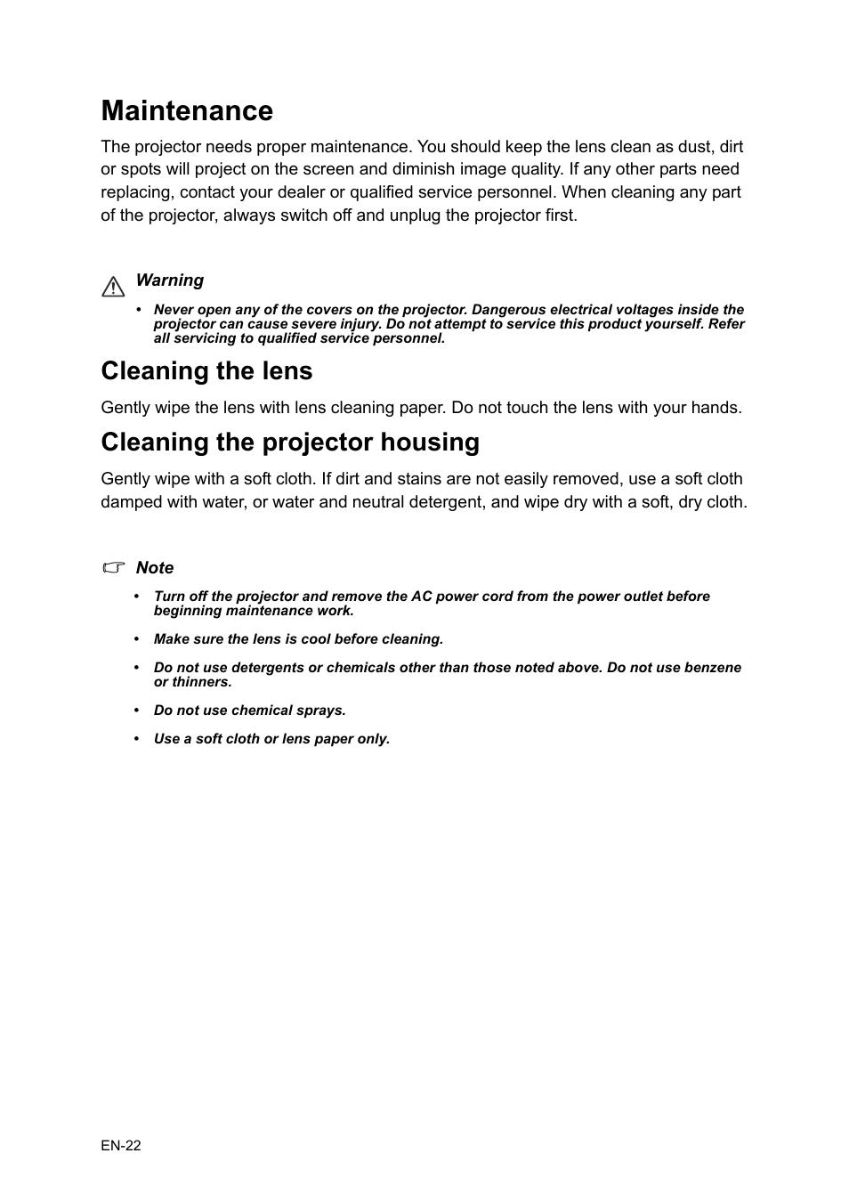 Maintenance, Cleaning the lens, Cleaning the projector housing | Cleaning the lens cleaning the projector housing | Asus P1 User Manual | Page 22 / 26