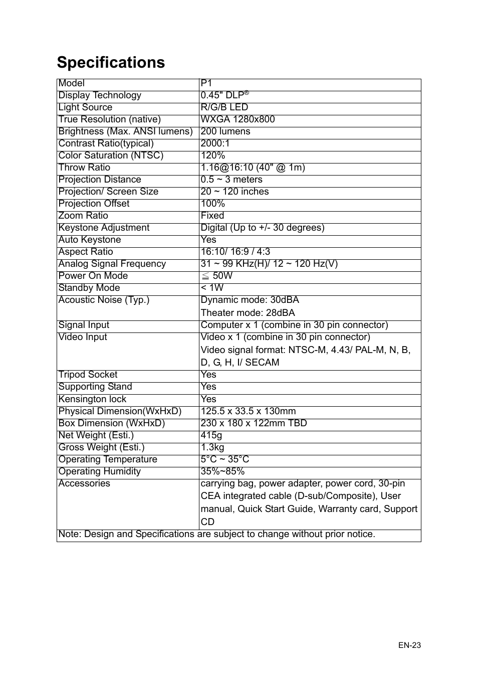 Specifications | Asus P1 User Manual | Page 23 / 26