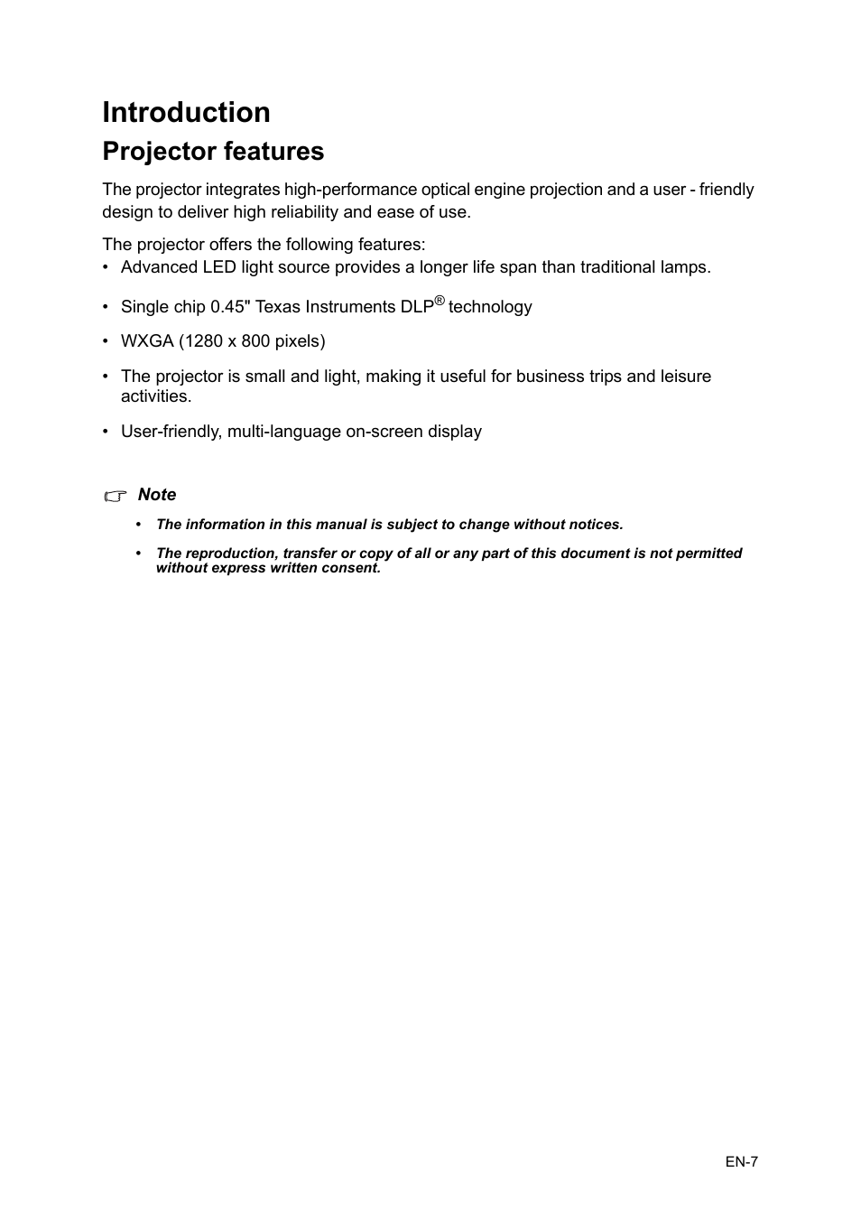 Introduction, Projector features | Asus P1 User Manual | Page 7 / 26