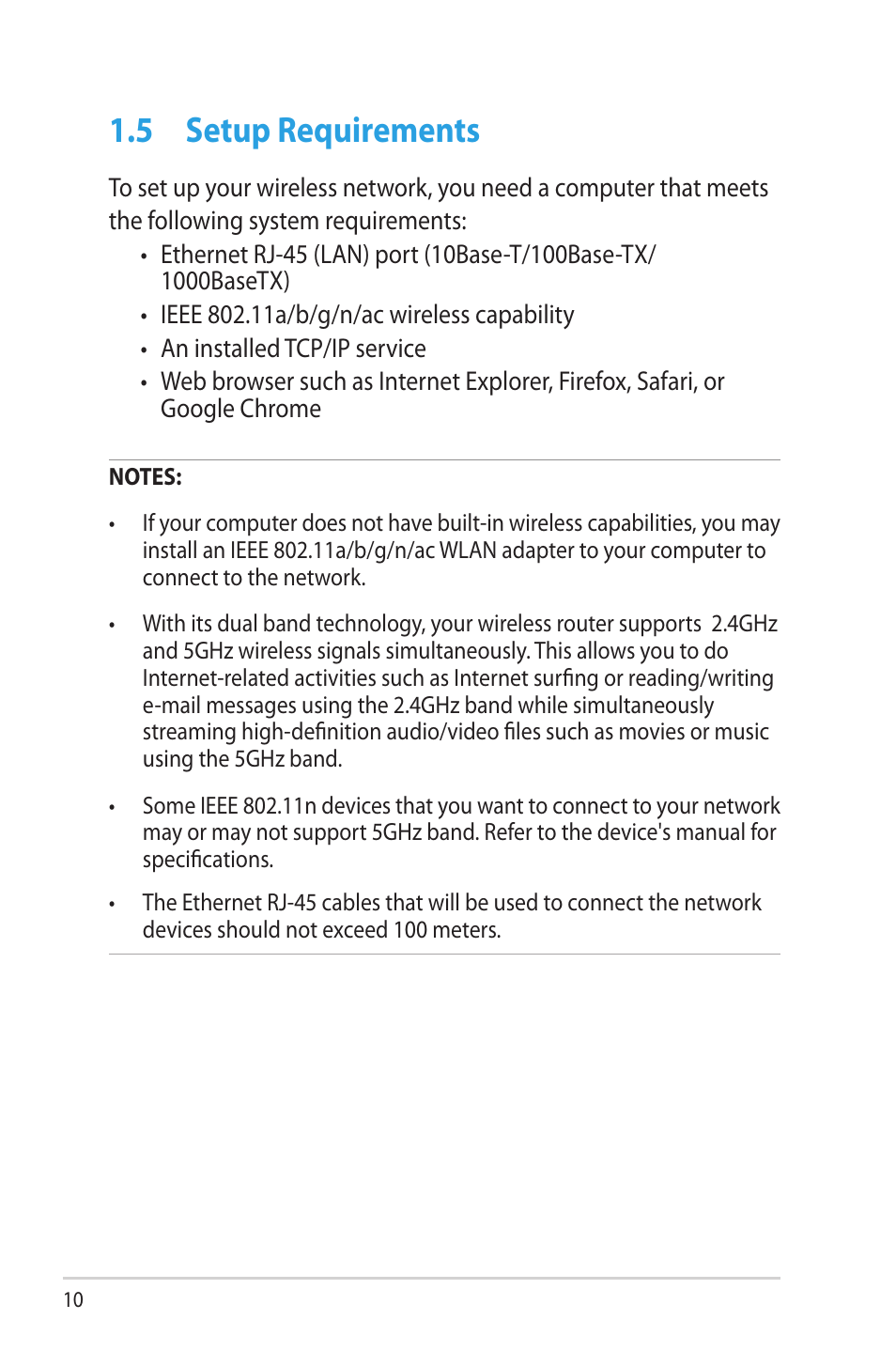 5 setup requirements, Setup requirements | Asus RT-AC68R User Manual | Page 10 / 129