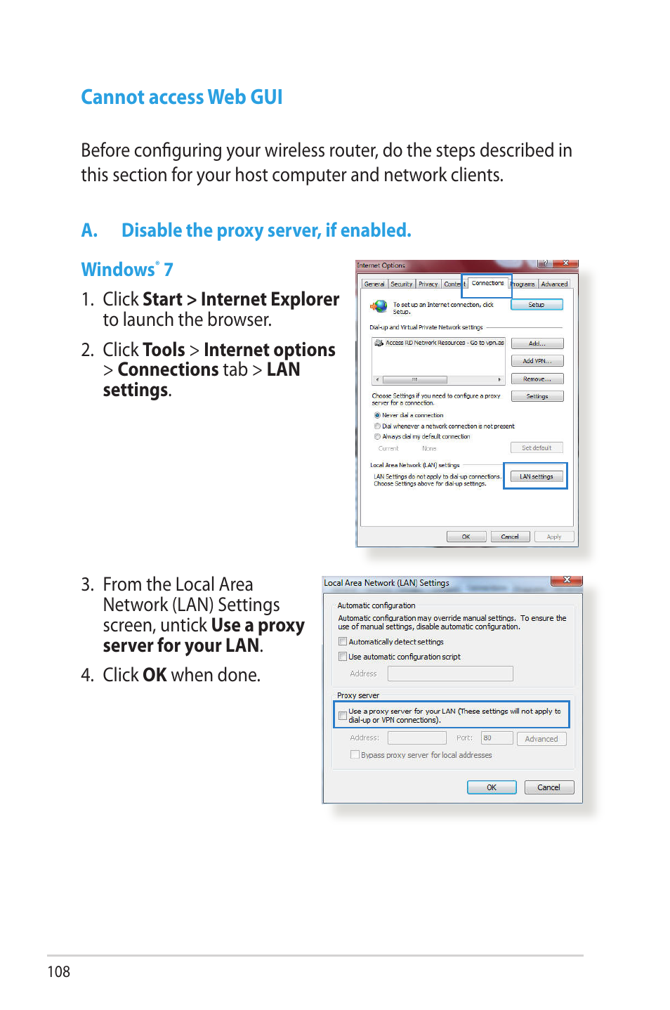 Cannot access web gui | Asus RT-AC68R User Manual | Page 108 / 129