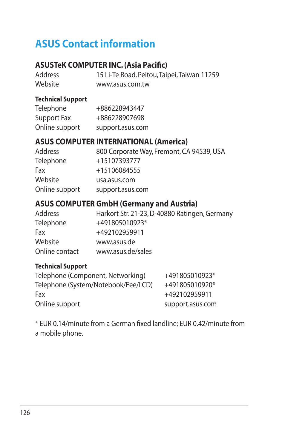 Asus contact information | Asus RT-AC68R User Manual | Page 126 / 129