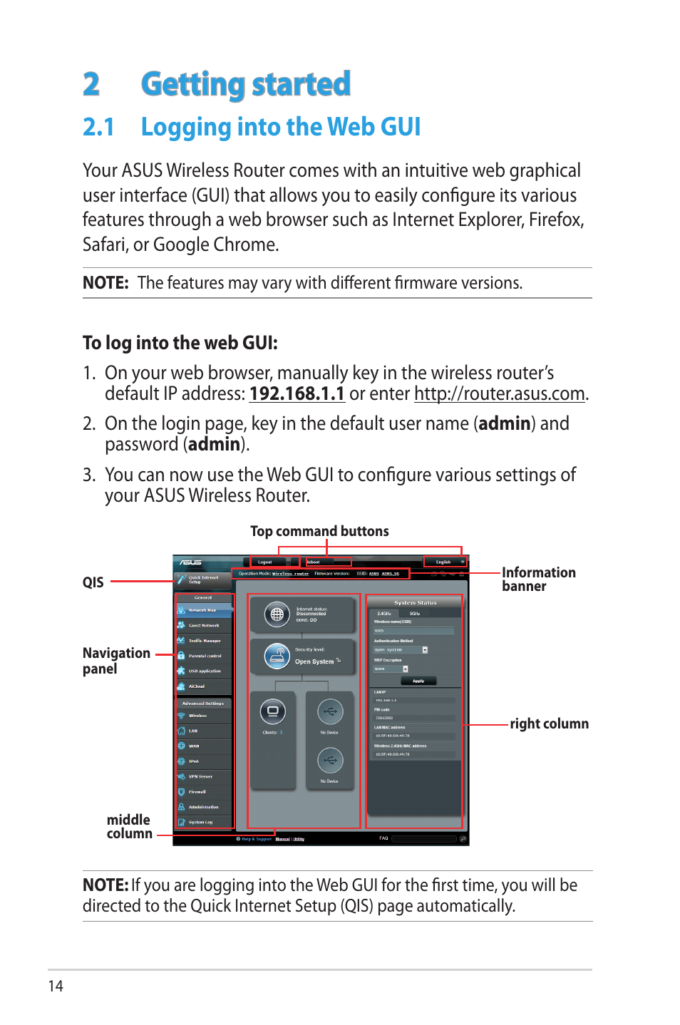 2 getting started, 1 logging into the web gui, Getting started | Logging into the web gui | Asus RT-AC68R User Manual | Page 14 / 129