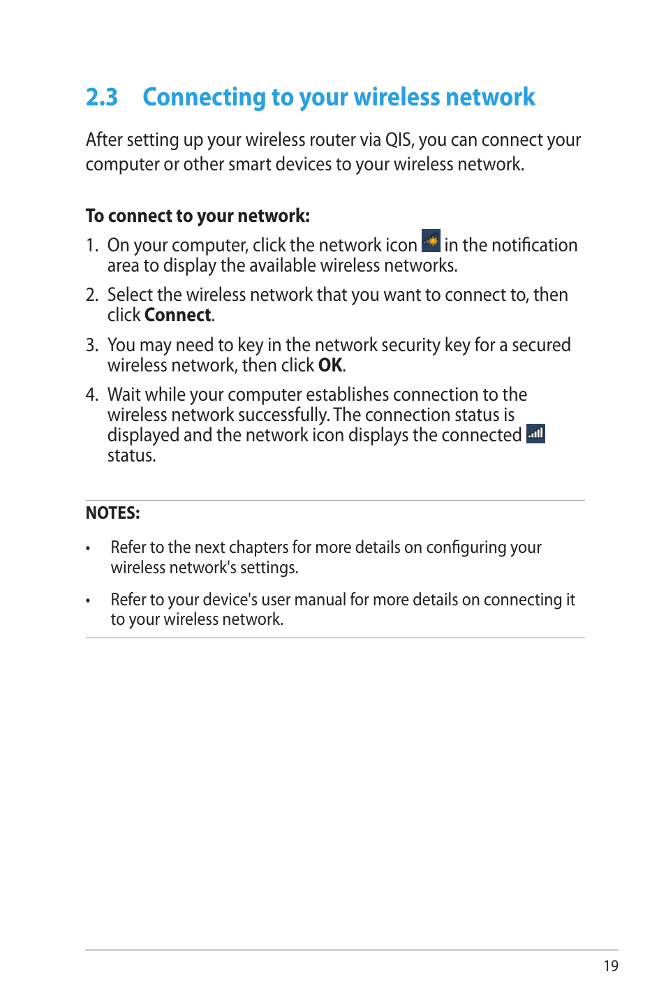 3 connecting to your wireless network, Connecting to your wireless network | Asus RT-AC68R User Manual | Page 19 / 129