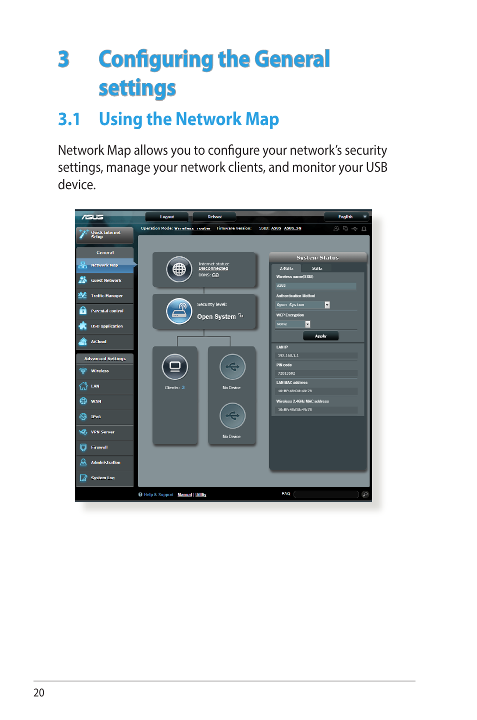 3 configuring the general settings, 1 using the network map, Configuring the general settings | Using the network map | Asus RT-AC68R User Manual | Page 20 / 129