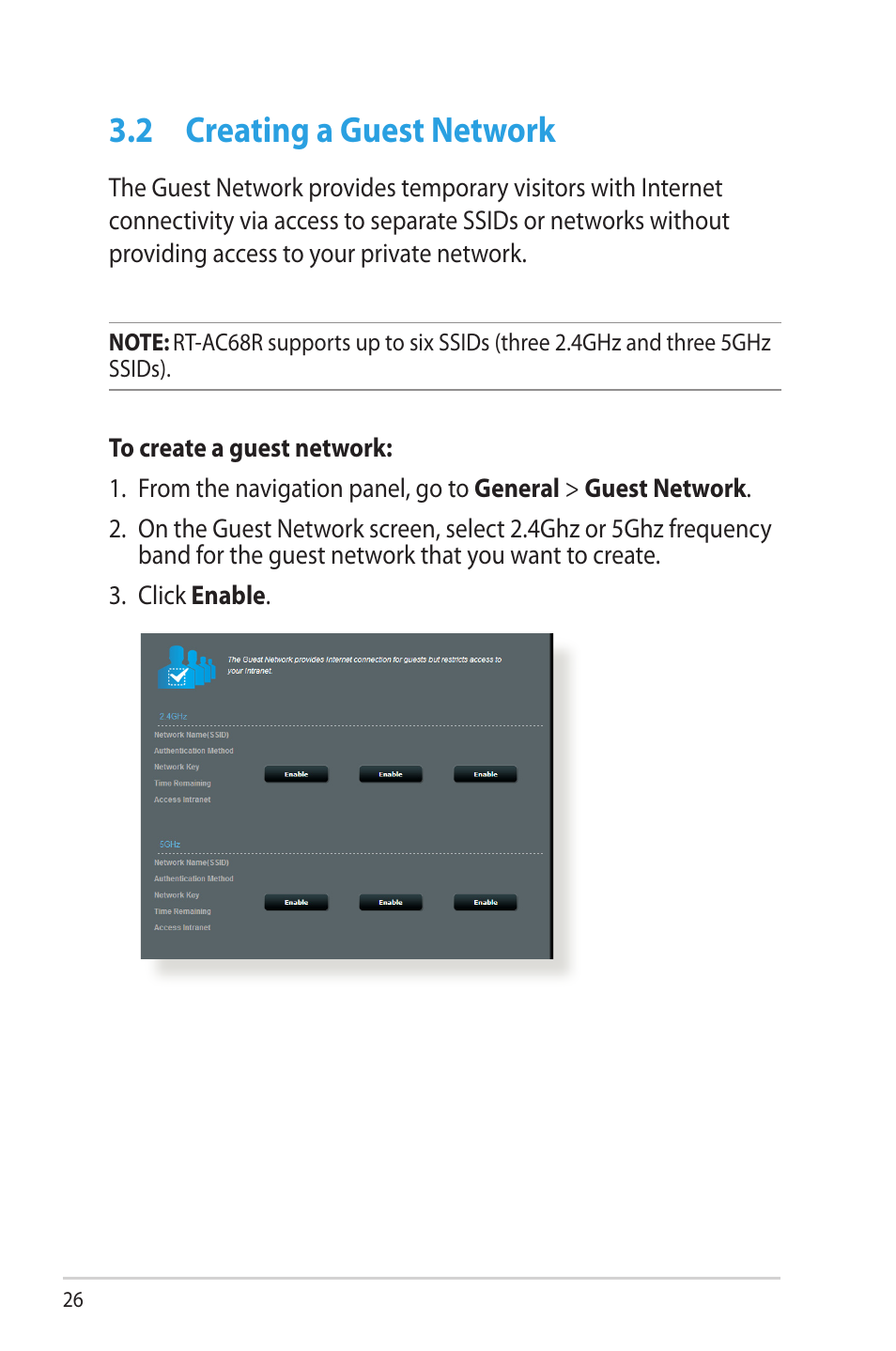 2 creating a guest network, Creating a guest network | Asus RT-AC68R User Manual | Page 26 / 129