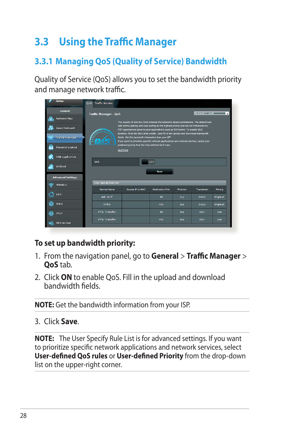 3 using the traffic manager, 1 managing qos (quality of service) bandwidth, Using the traffic manager | Asus RT-AC68R User Manual | Page 28 / 129