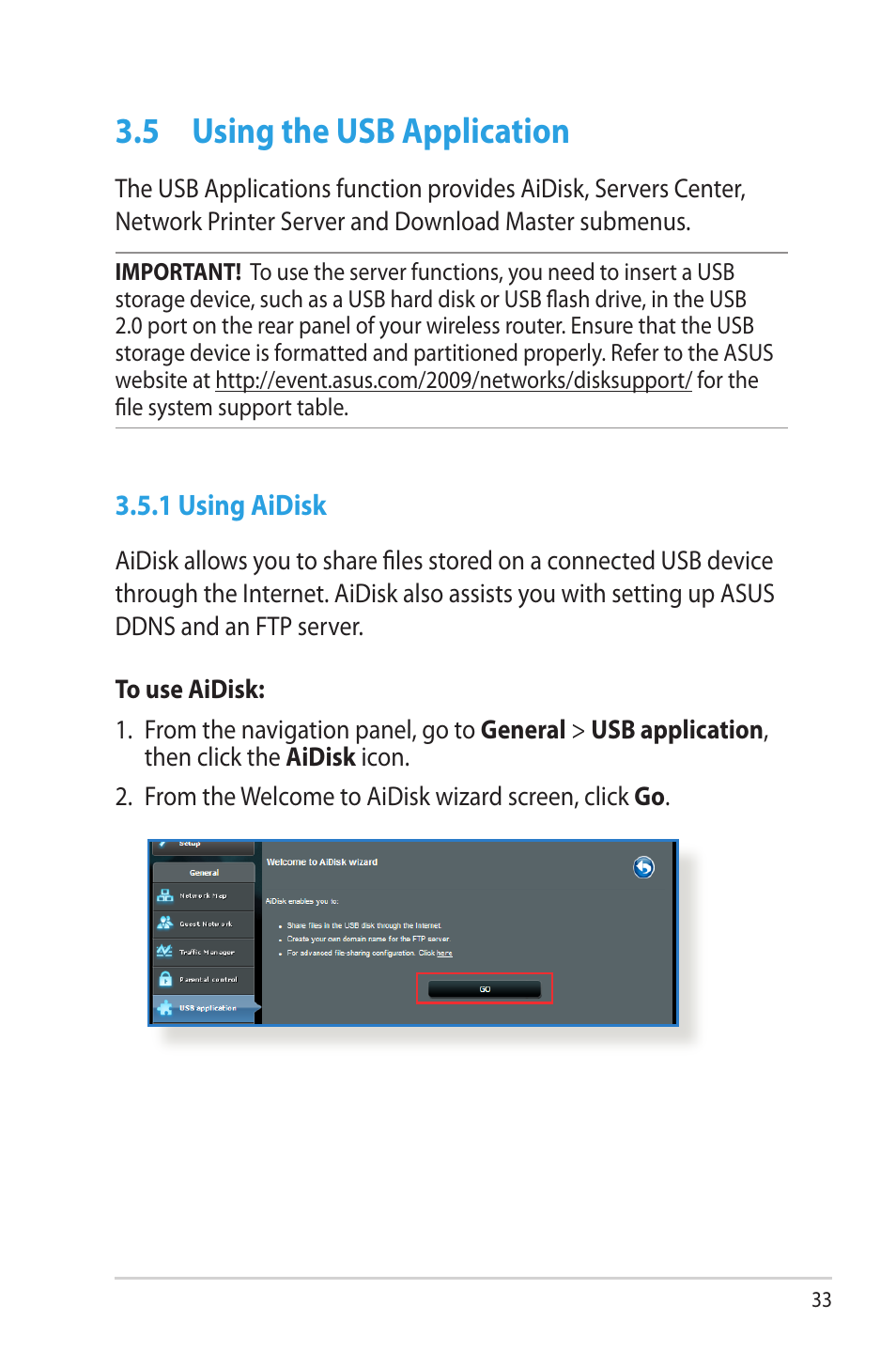 5 using the usb application, 1 using aidisk, Using the usb application | Asus RT-AC68R User Manual | Page 33 / 129