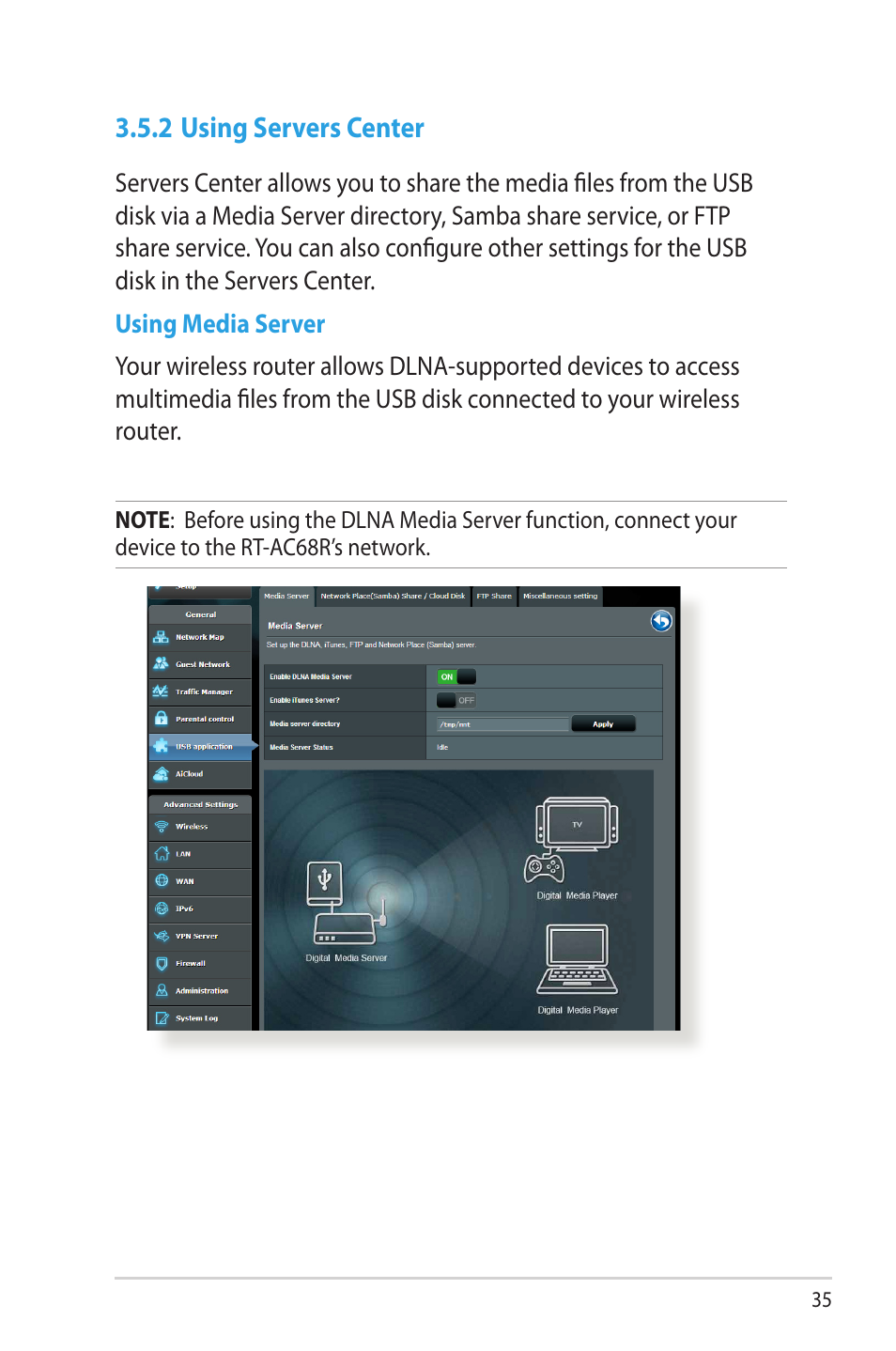 2 using servers center | Asus RT-AC68R User Manual | Page 35 / 129