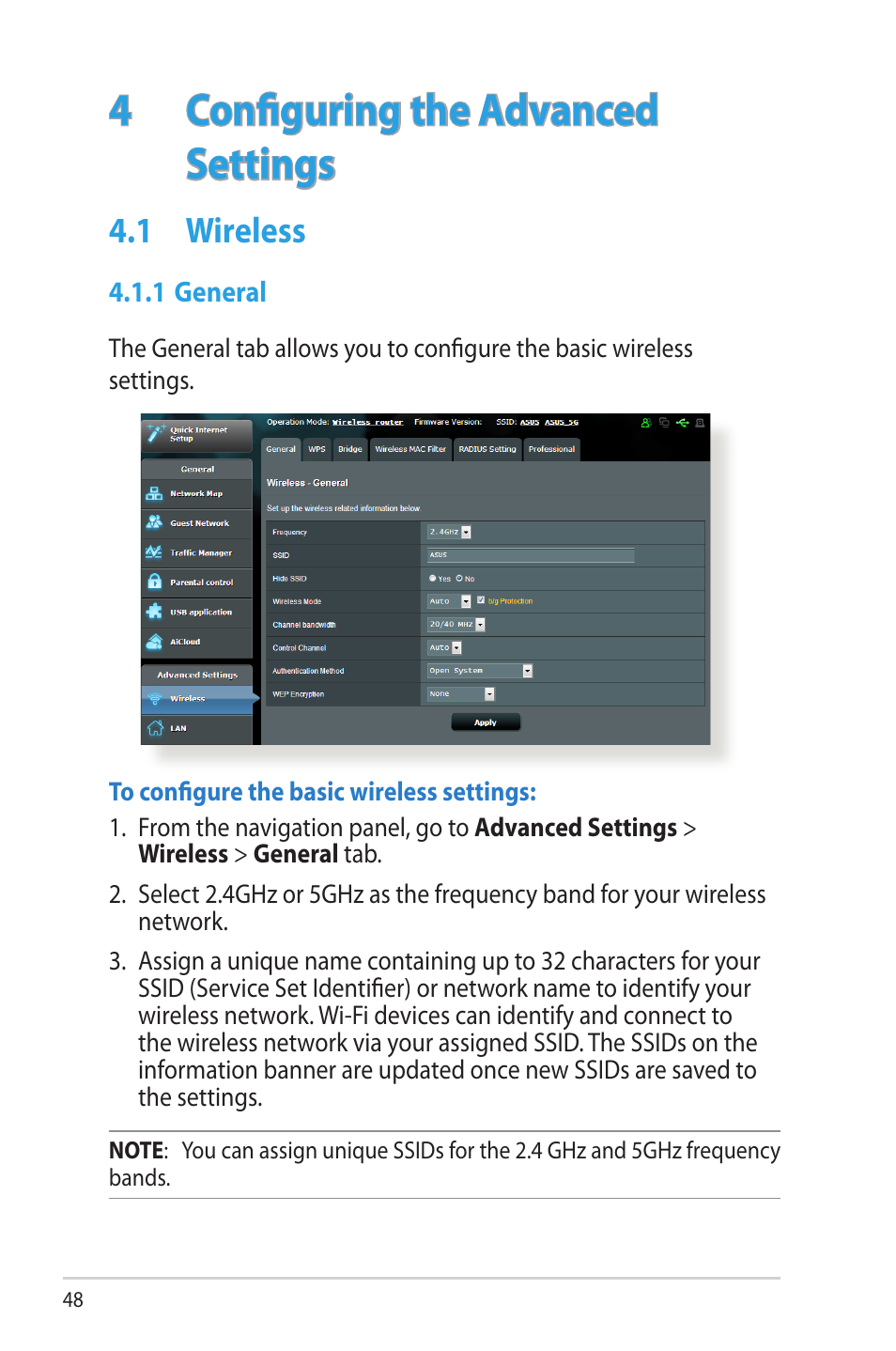 4 configuring the advanced settings, 1 wireless, 1 general | Configuring the advanced settings, Wireless | Asus RT-AC68R User Manual | Page 48 / 129