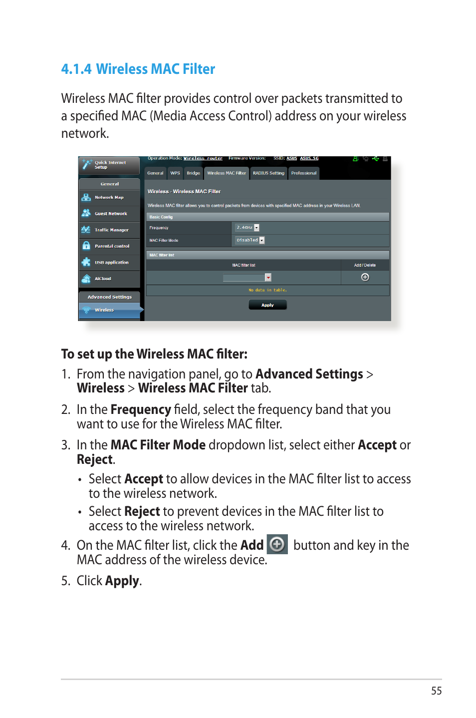 4 wireless mac filter | Asus RT-AC68R User Manual | Page 55 / 129