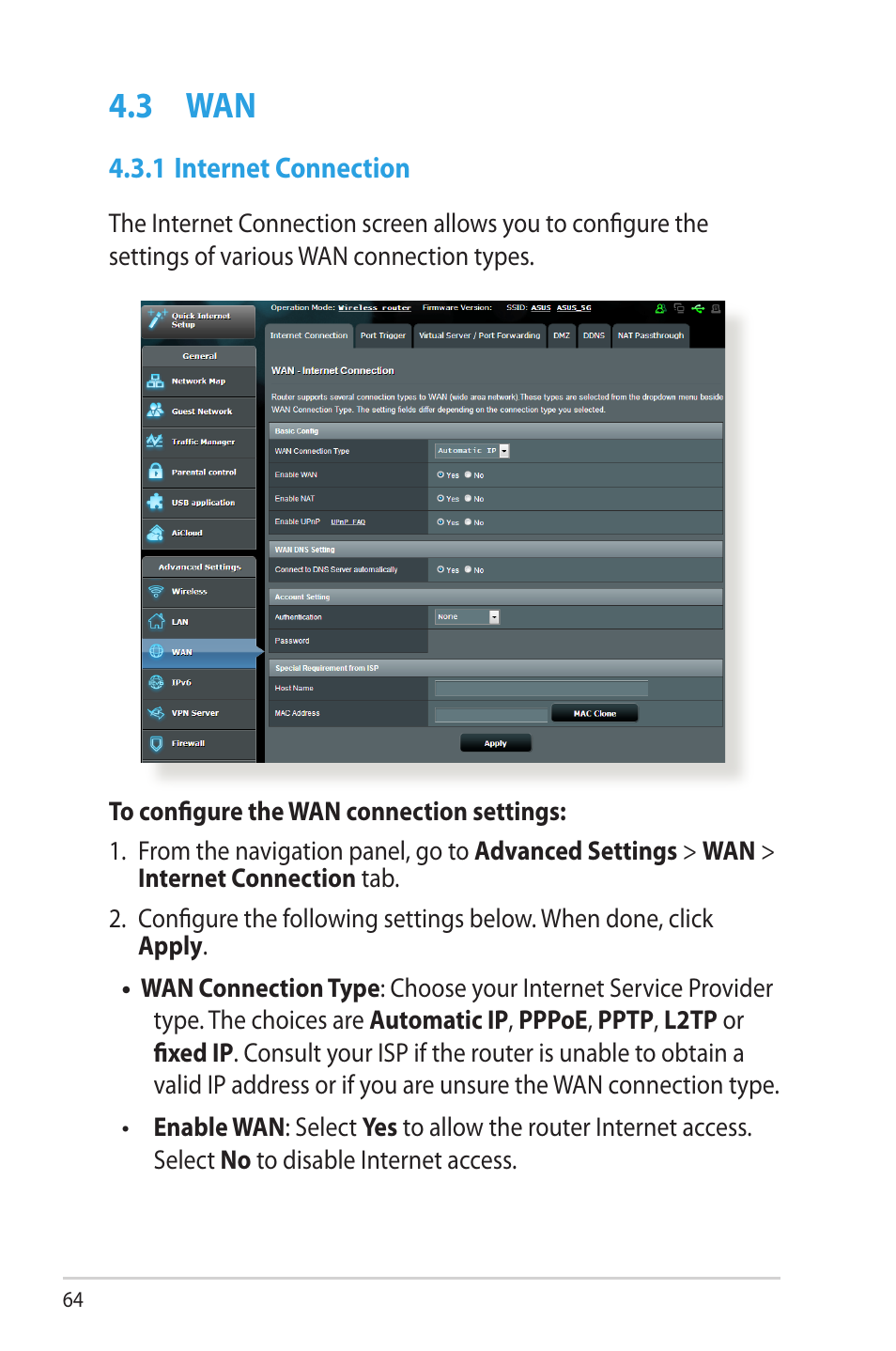 3 wan, 1 internet connection | Asus RT-AC68R User Manual | Page 64 / 129