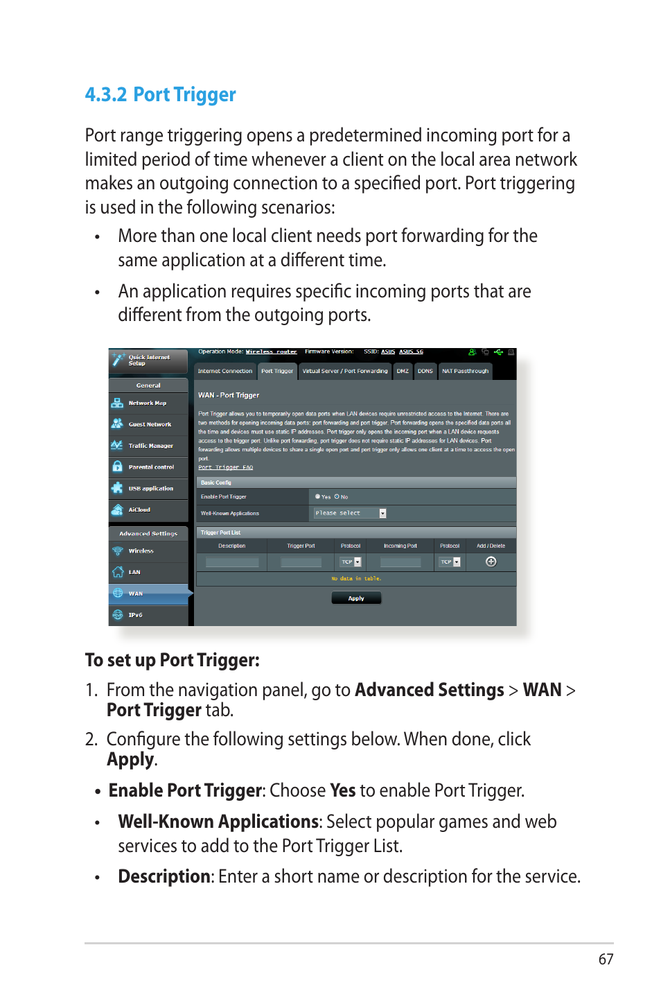 2 port trigger | Asus RT-AC68R User Manual | Page 67 / 129