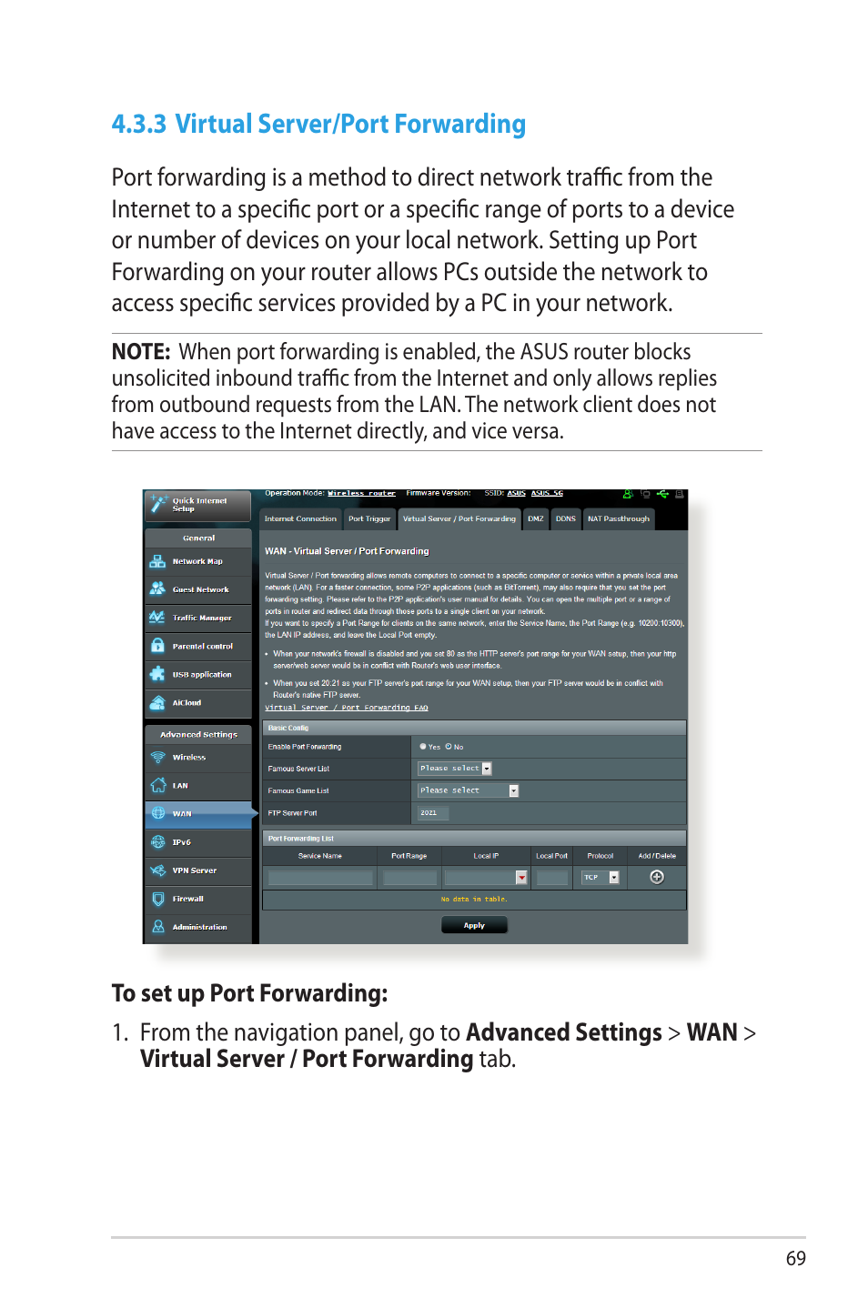 3 virtual server/port forwarding | Asus RT-AC68R User Manual | Page 69 / 129