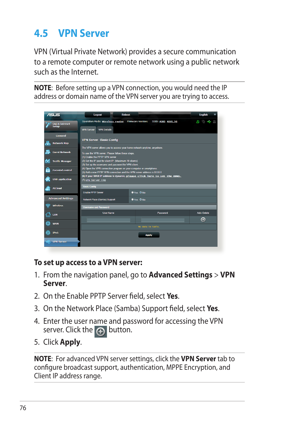 5 vpn server, Vpn server | Asus RT-AC68R User Manual | Page 76 / 129