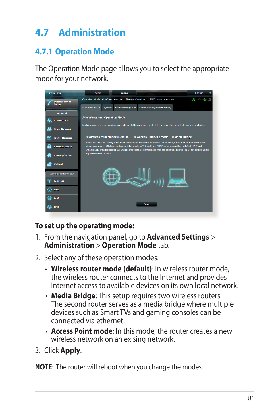 7 administration, 1 operation mode, Administration | Asus RT-AC68R User Manual | Page 81 / 129