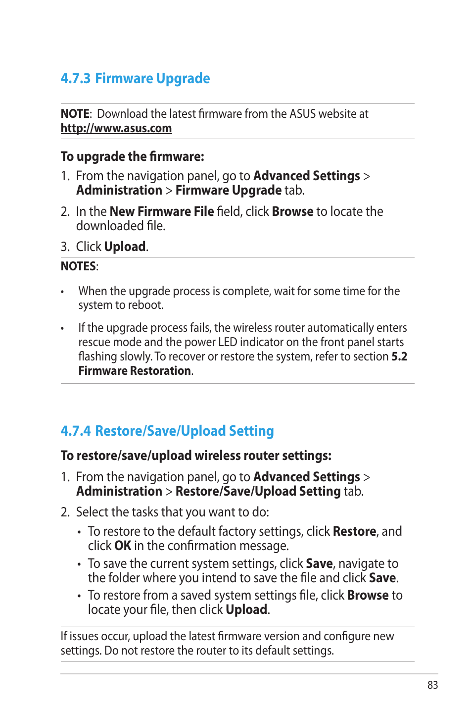 3 firmware upgrade, 4 restore/save/upload setting | Asus RT-AC68R User Manual | Page 83 / 129