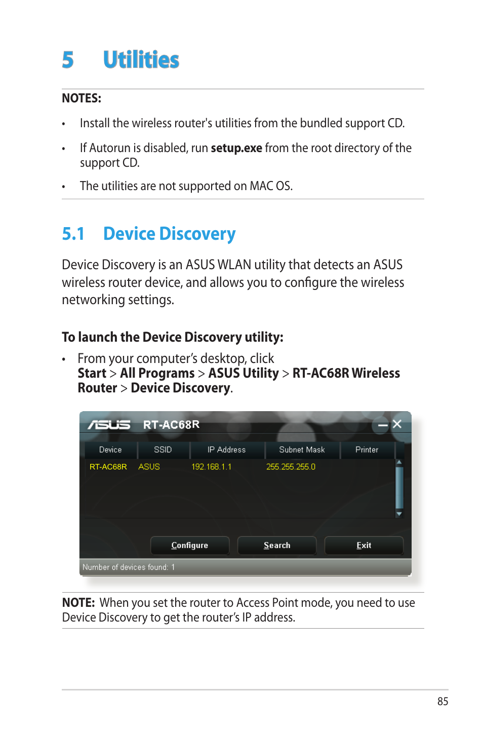 5 utilities, 1 device discovery, Utilities | Device discovery | Asus RT-AC68R User Manual | Page 85 / 129