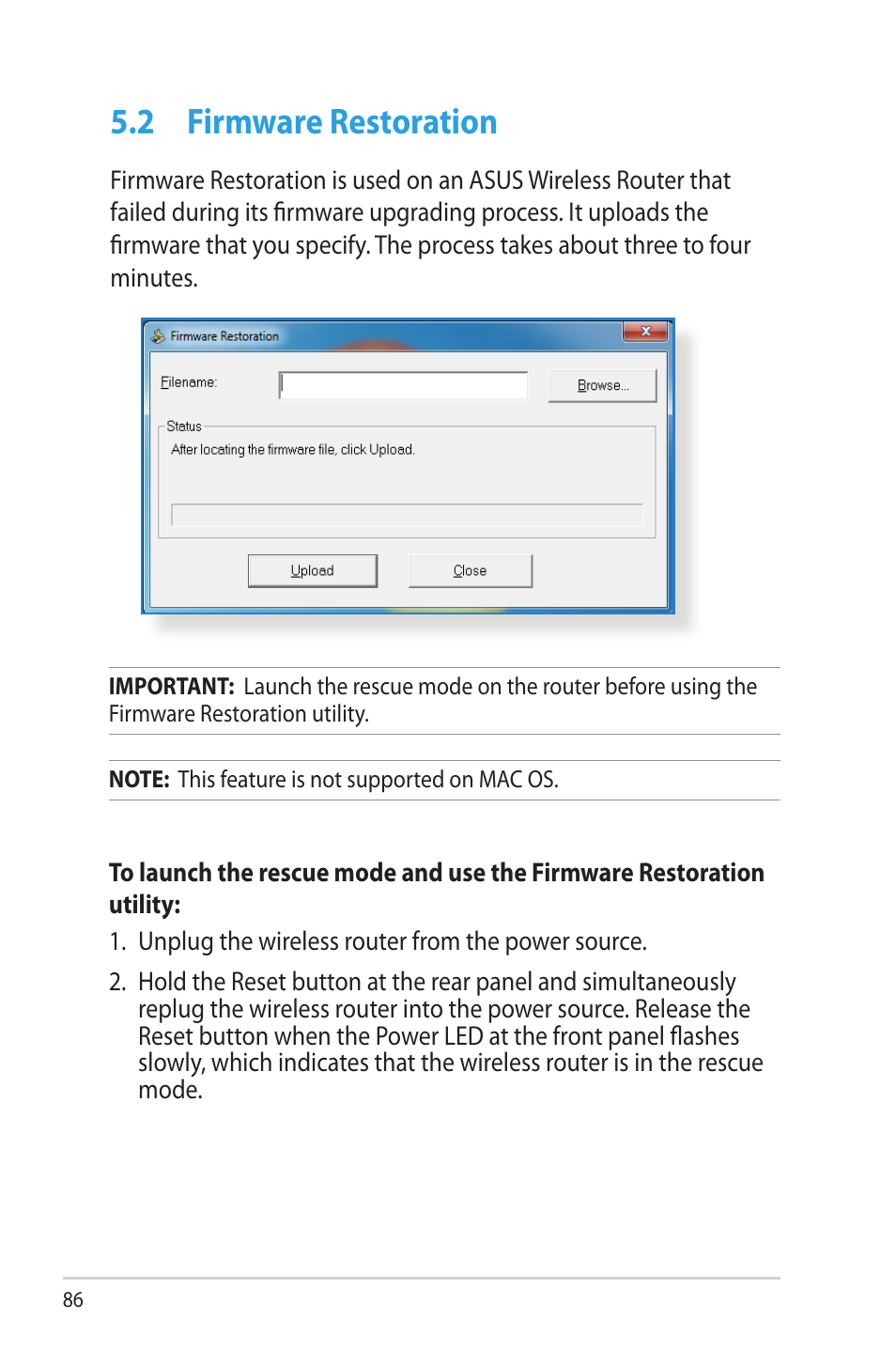 2 firmware restoration, Firmware restoration | Asus RT-AC68R User Manual | Page 86 / 129