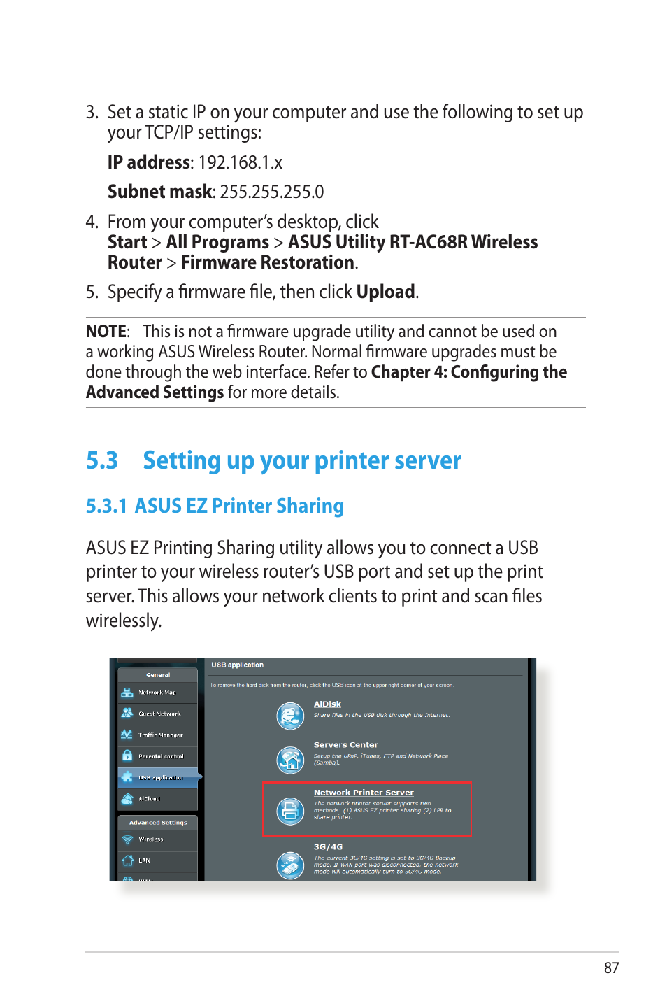 3 setting up your printer server, 1 asus ez printer sharing, Setting up your printer server | Asus RT-AC68R User Manual | Page 87 / 129