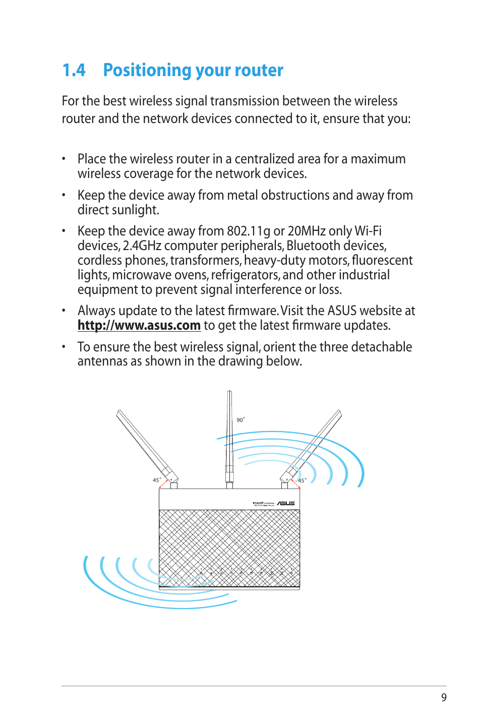 4 positioning your router, Positioning your router | Asus RT-AC68R User Manual | Page 9 / 129