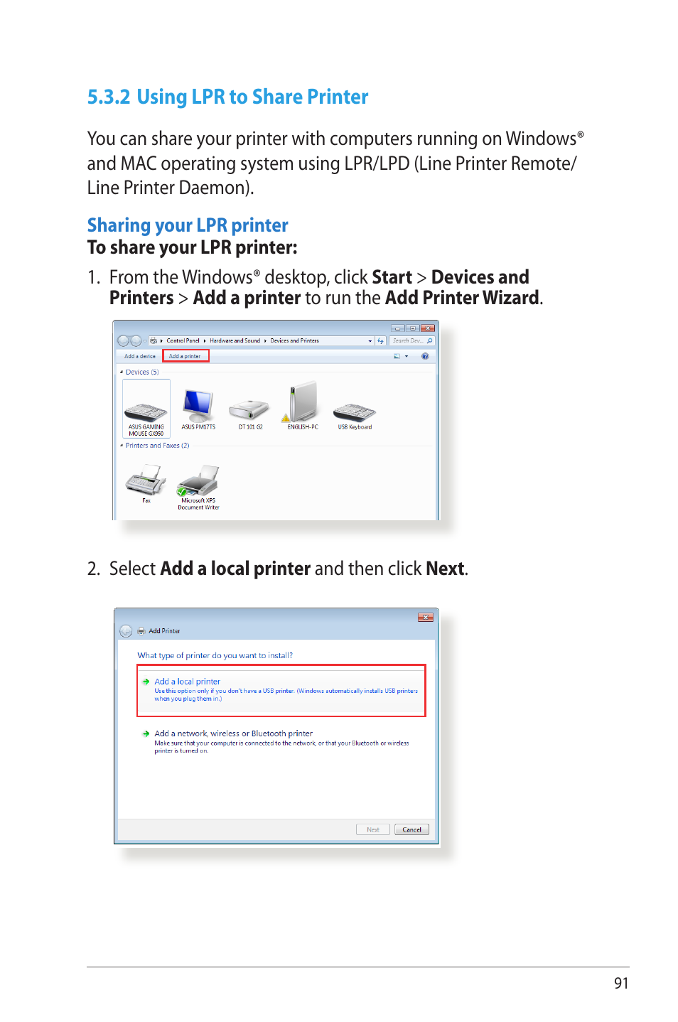 2 using lpr to share printer | Asus RT-AC68R User Manual | Page 91 / 129