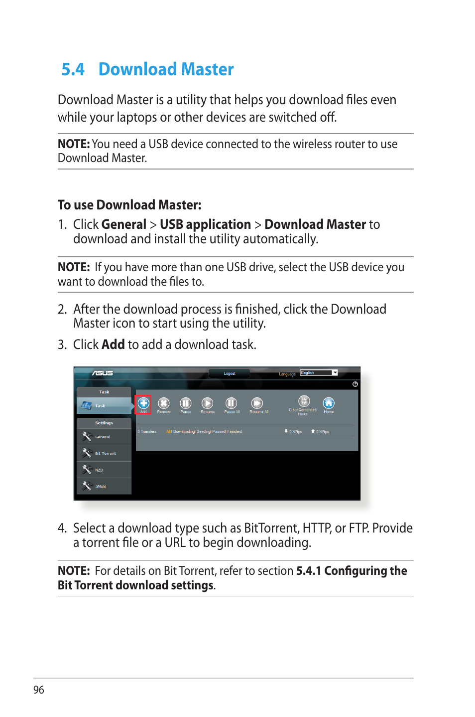 4 download master, Download master | Asus RT-AC68R User Manual | Page 96 / 129